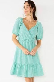 RSVP puff sleeve Surplice green gingham dress peasant tiered