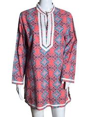 Tracy Negoshian Shirt Womens Large Pink Blue Abbey Greek Key Tunic Boho Peasant