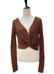 Love J Rust Brown Long Sleeve Front Twist Low Cut Chest Crop Top Size Large