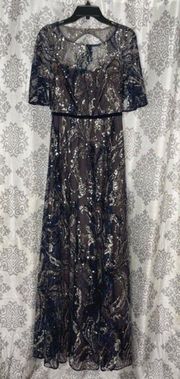 MARCHESA NOTTE Velvet-trimmed sequin embellished draped sleeve gown, Navy, 2