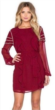 Tularosa Dress Maroon Burgundy Bowie Beaded Long Sleeve Ruffle Mini Sheer Sz M