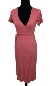 Mauve Short Sleeve Ribbed Knit Wrap Midi Dress