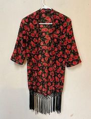 Windsor Women’s Black Red Rose Floral Tassel Kimono Boho Sheer Cardigan Small