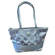 Vintage EUC COACH Silver GRAY monogram CANVAS & LEATHER Metallic  TOTE Y2K