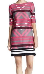 Eliza J Dress Pink, Grey & White Geometric Print Shift Short Sleeve Dress 6 EUC