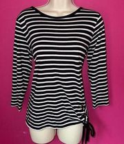 MICHAEL Michael Kors Striped Long Sleeve T-Shirt Black M Side Drawstring Women