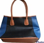 Neiman Marcus shopping tote blue black and mustard pebbled leather shoulder bag