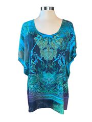 blouse short flutter sleeves floral print colorful Sz X-Large