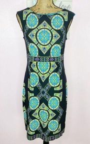 Sandra Darren Mandala Print Sleeveless Sheath Dress Size 8 Black Neon Multi