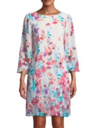 Chetta B Shift Dress Tulip Sleeve Midi Multi Floral NWT size  8