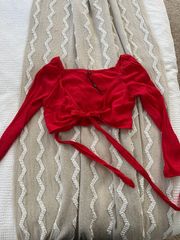 Red Long Sleeve Tie Front Crop Top