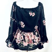 INDULGE Black & Pink Floral Bell Sleeve Off Shoulder Chiffon Blouse ~Size Medium