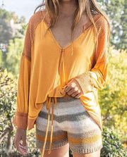 Babydoll Peasant Top Mustard LARGE Oversize Tunic Raw Hem Gypsy Hippie POL NEW