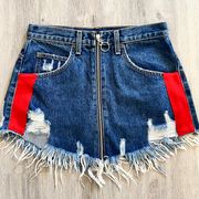 CARMAR Beatrice Jean Skirt 28 Dark Wash Denim Fringe Destroyed Zip Frayed Mini 