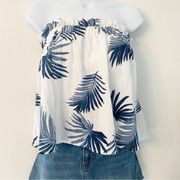 Lumiere Strapless Navy and White Palm Leaf Top with Ruffle Detail