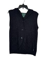 Woolrich Women's Sweater Hooded Speckled Vest Button Round Hem Black Sz. Medium