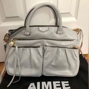 Aimee Kestenberg glossy leather‎ satchel in light grey 15” x 10” bag purse