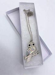 Necklace - Owl silver pendant necklace rhinestone