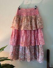 House of Harlow Pink Paisley Floral Tiered Cotton High Waist Midi Skirt size XS