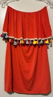 Judith March Mandarin Orange Pom Pom Off Shoulder Dress Colorful - Size Medium