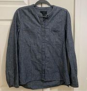 Vince banded Nehru Collared Blue Grey Button Down Shirt High Low Hem Size Small