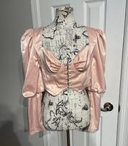 Satin Corset Hooks Vintage Y2K Puff Sleeve Coquette Pastel Victorian Steampunk heart neck Cropped Blouse cottage western Barbie Women's Size XL Pink top