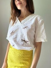 90s MISSLOOK Vintage White Short Sleeve Dragon Fly Top Size Medium