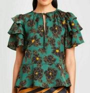 Who What Wear shirt Royal‎ Blooms Ruffle Sleeve Peplum Top Green xs