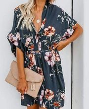 Blue Grey Floral Short Sleeve Button Down Shirt Dress Women’s Small