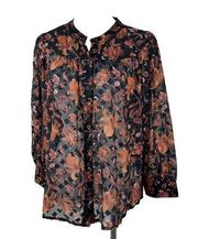 Ophelia Roe Semi Sheer Floral Embroidered Blouse 3/4 Sleeve Size Medium Button