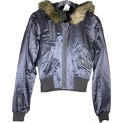 Cropped Metallic Jacket Faux Fur Hood Shiny Gray Size Small