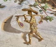 Vintage Asian Water Carrier Gold Brooch With Rhinestones and Amethyst Crystal