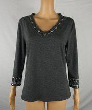 Alberto Makali Grey V Neck 3/4 Sleeve Studded Rhinestone Blouse Embellished Med