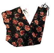 NEW Mixit Leggings XL Extra Large Cropped Floral Tapestry Lace Up Back Black Red