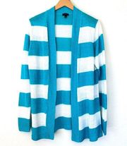 Talbots Linen Knit Cardigan Long Line Open Front Turquoise White Stripe Medium