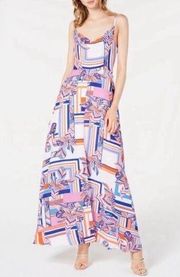 Foxiedox Kai Chiffon Maxi Dress Geometric Floral Stripe Multi Print XS