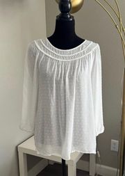 Womens Long Sleeve Round Neck Polka Dots Textured White Blouse Sz M