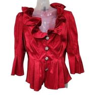 Chetta B Red Ruffle Frilly Dressy Blouse Top 3/4 Sleeves Crystal Buttons Size 14