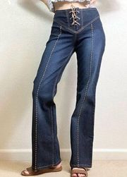 Vintage LEI Dark Wash Stitched Lace Up Waist Bootcut Denim Jeans Size 10