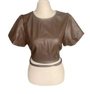 Brown Faux Leather Opened Strappy Back Puffed Short Sleeve Crop Top