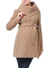 Kimi + Kai Maternity  Light Brown Full Zip Wool Blend Fold Collar Coat Size M