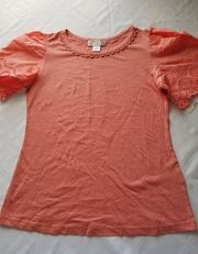 Rachel Parcell T-Shirt Pink Lantana Eyelet Lace Sleeves & Accents Womens Size XS