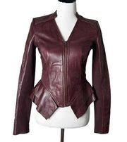 Peplum Soft Leather Jacket Womens Size XS Maroon Draped Long Sleeve Lined