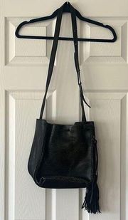 BOTKIER Snake Embossed Black Leather Tassel Drawstring Crossbody Bucket Bag