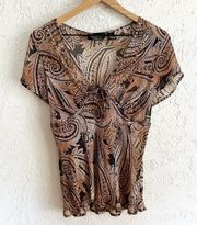 Sheer‎ silk blend tie front bohemian style beaded top size Large