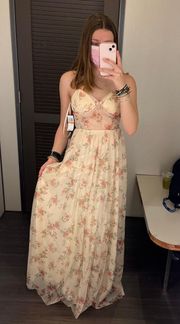 Floral Tan Corset Prom Dress