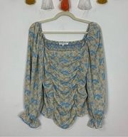 Rose & Olive Puff Sleeve Peasant Cream Blue Floral Print Blouse Size Medium