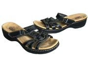 Clarks Slide Wedge Sandals Womens 7.5 Black Leather Strappy Slip On Comfort Shoe