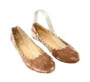 Chloe Lauren Ballet Flats Scalloped Crushed Velvet Leather Tan Rose Size 37