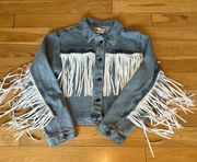 VIGOSS Jean Jacket with Faux Leather Fringe Size Small New!